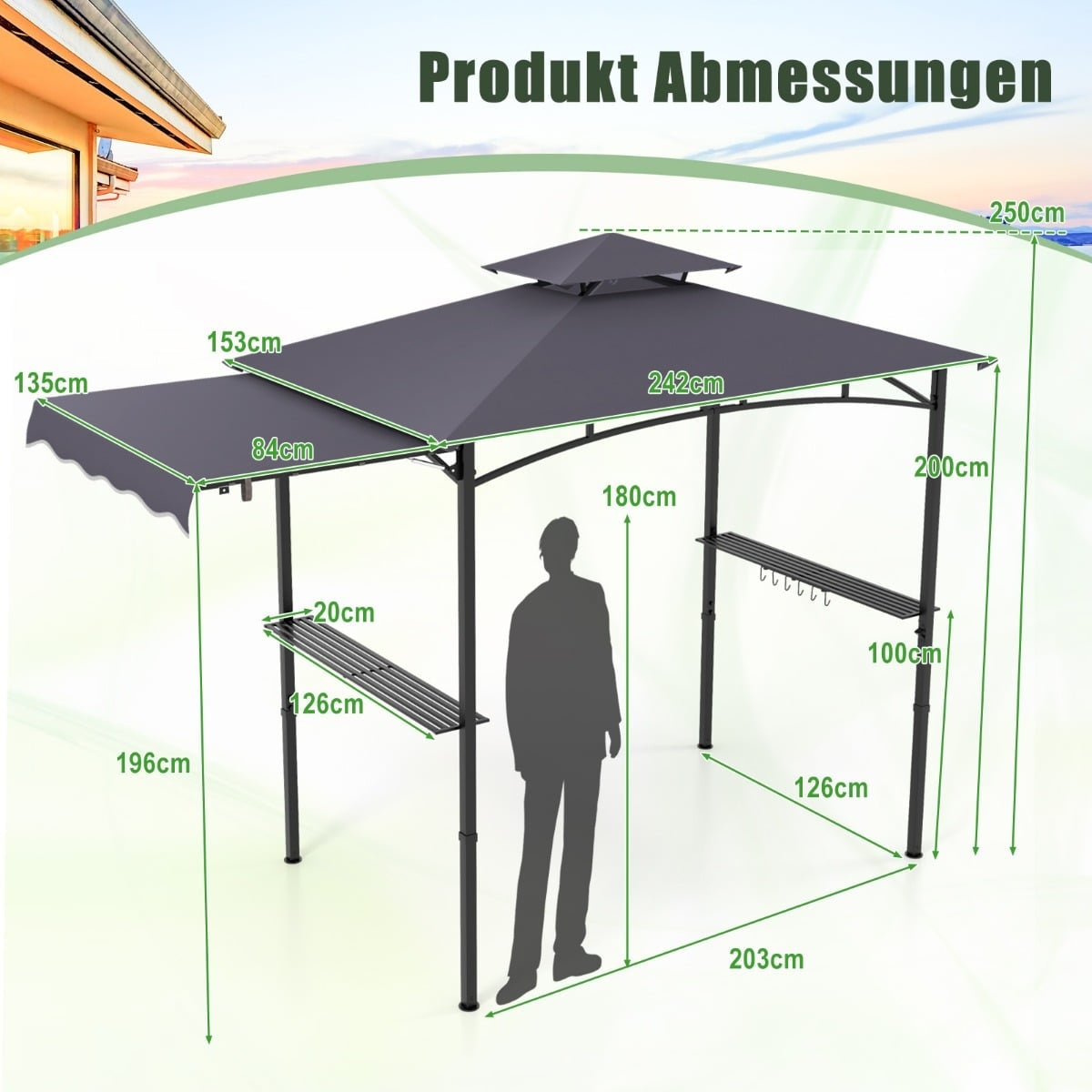 BBQ Pavilion with Side Awning, Double Roof, Gray, 318x153x250cm