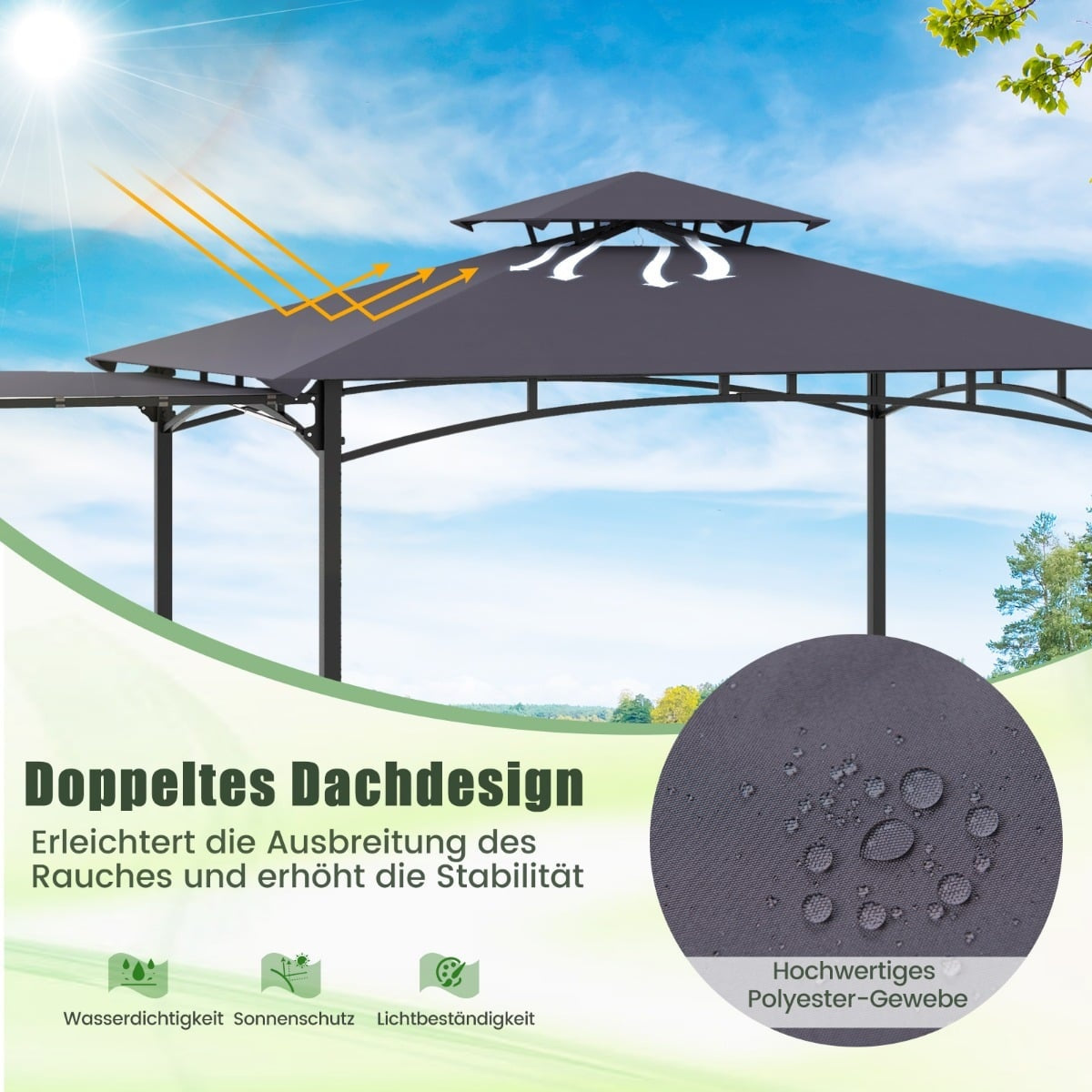 BBQ Pavilion with Side Awning, Double Roof, Gray, 318x153x250cm