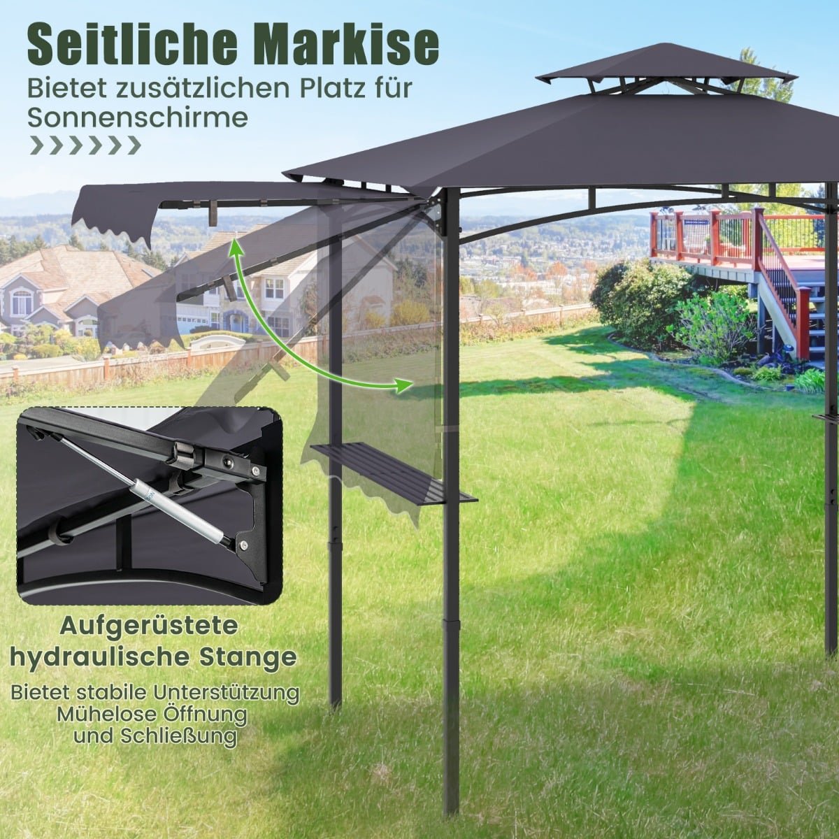 BBQ Pavilion with Side Awning, Double Roof, Gray, 318x153x250cm