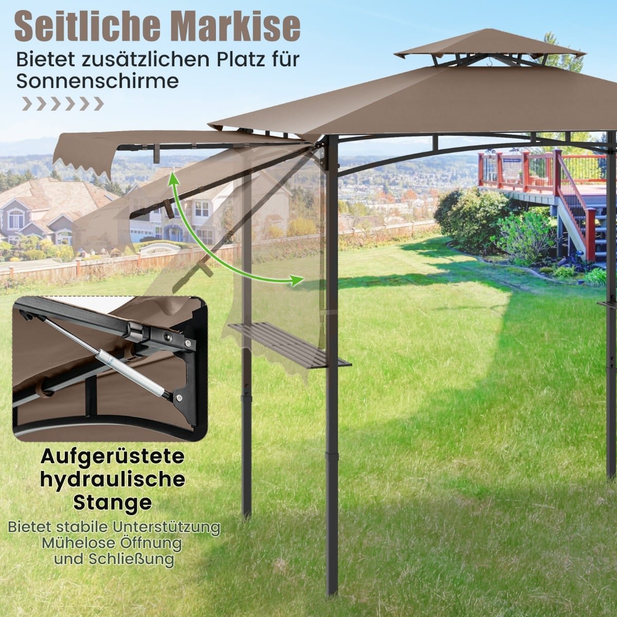 BBQ Pavilion with Side Awning and Double Roof, Brown