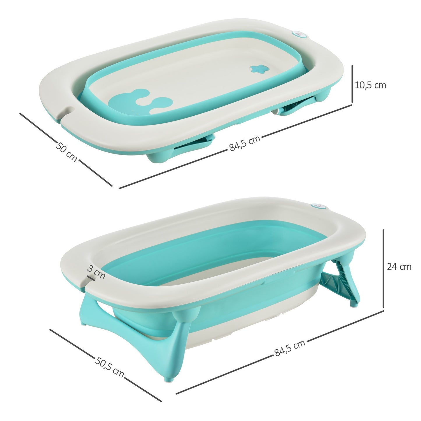 Ergonomic foldable baby bathtub, green plastic, 84.5 cm