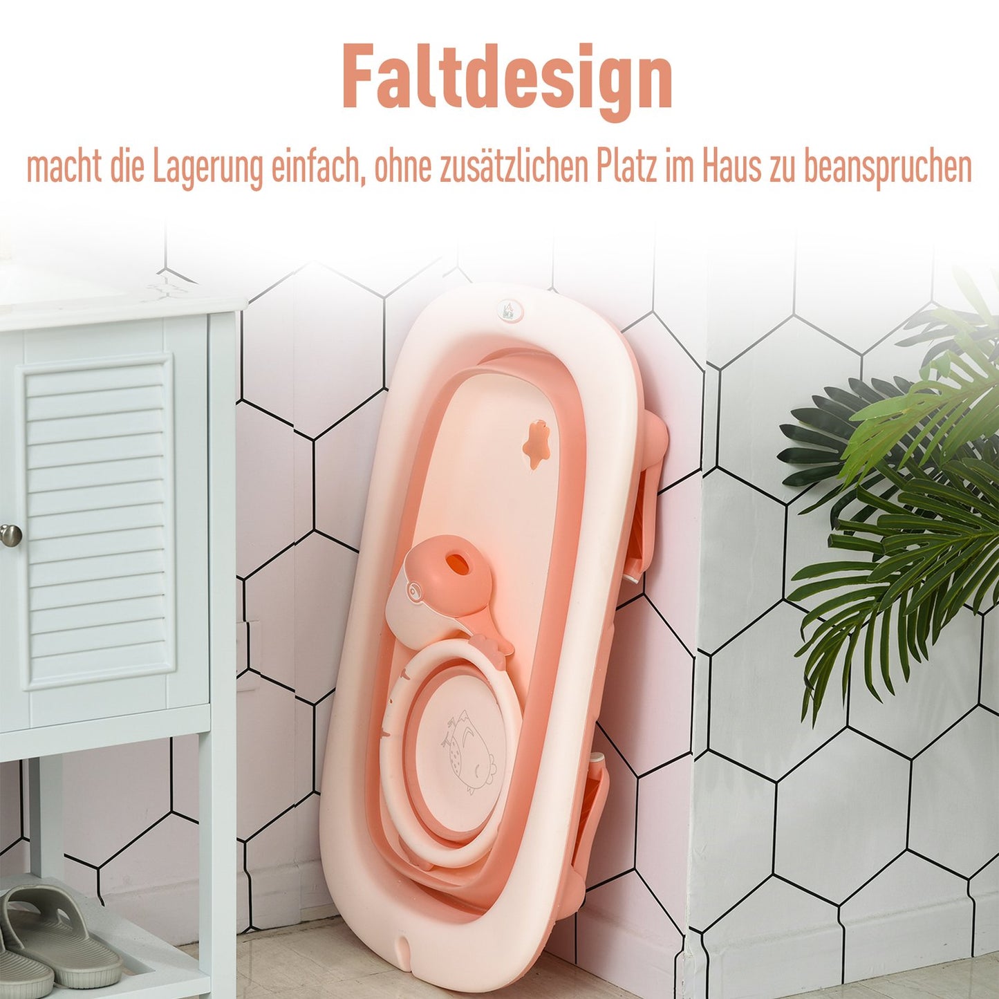 Collapsible baby bath with sink & cup, plastic, rose