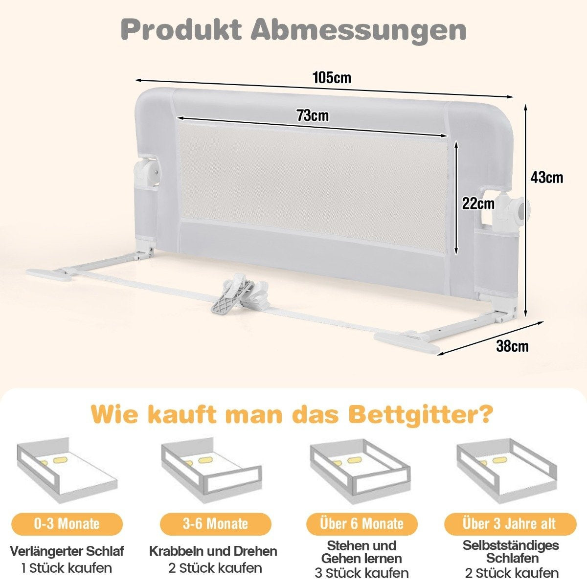 Baby Bed Rail with Foam, Strap, 105x40x42 cm, White