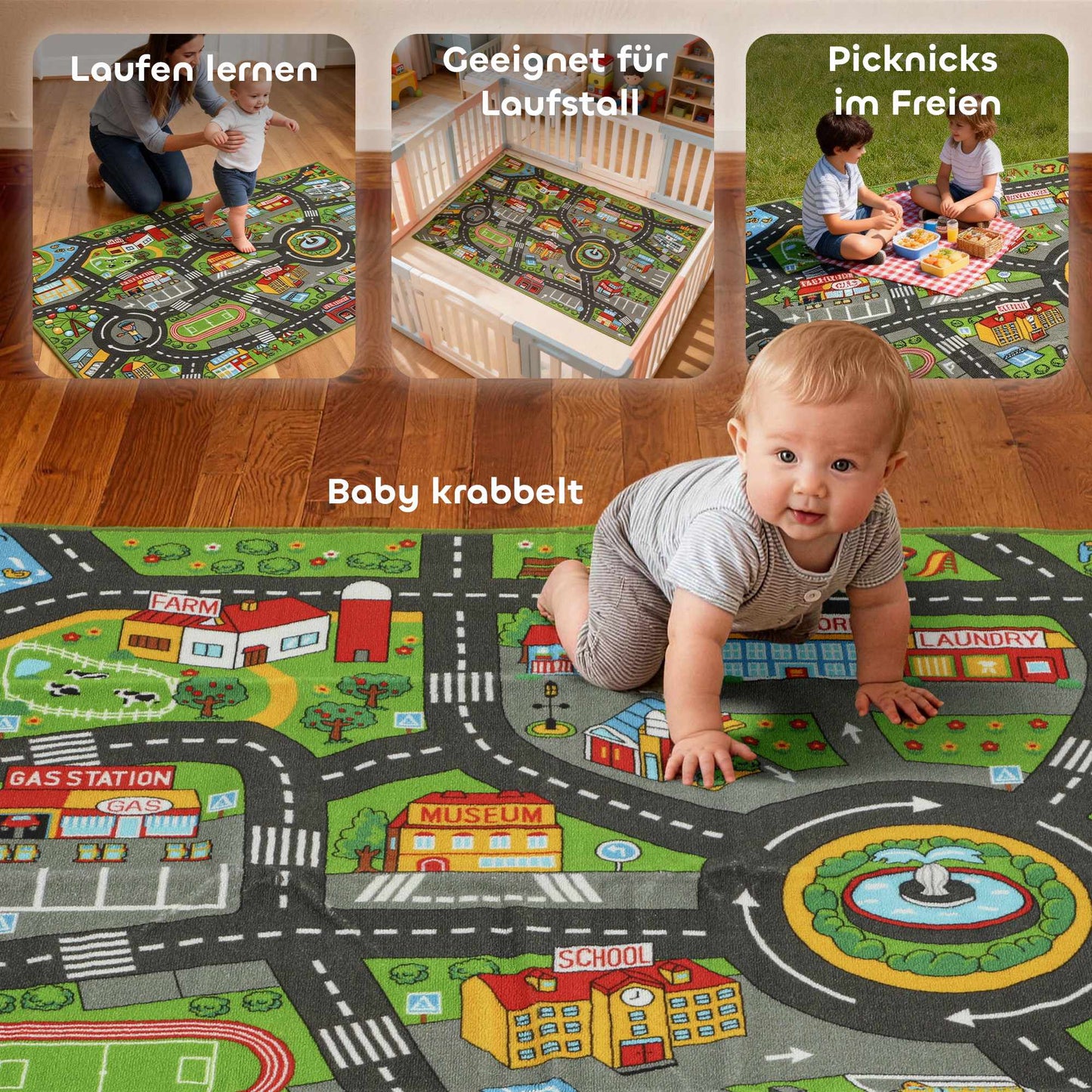 Baby Play Mat 160x100cm, Non-Slip City Design