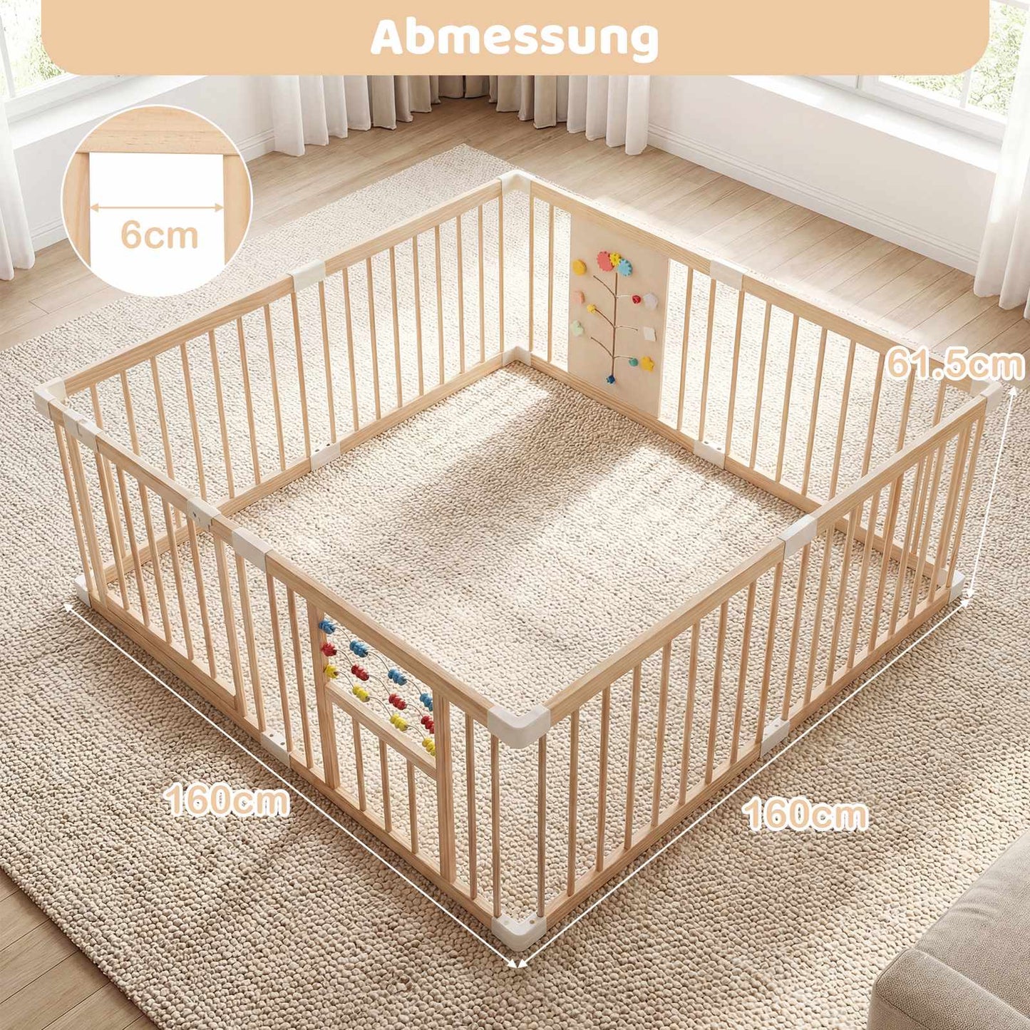 Baby Playpen, Pine Wood, 8 Panels, 160 x 160 cm, Foldable