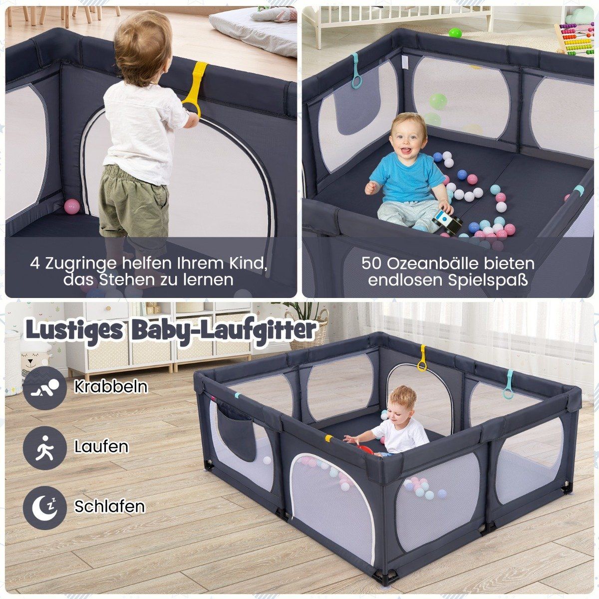 Baby Playpen with 4 Pull Rings & 50 Ocean Balls & Breathable Mesh & Carry Bag Dark Gray