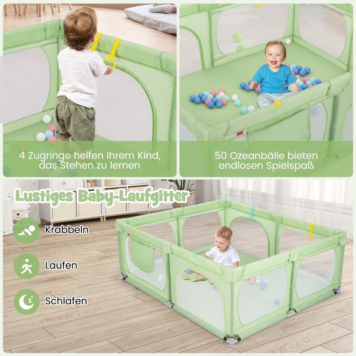 Baby Playpen with 4 Pull Rings & 50 Ocean Balls & Breathable Mesh & Carry Bag Green