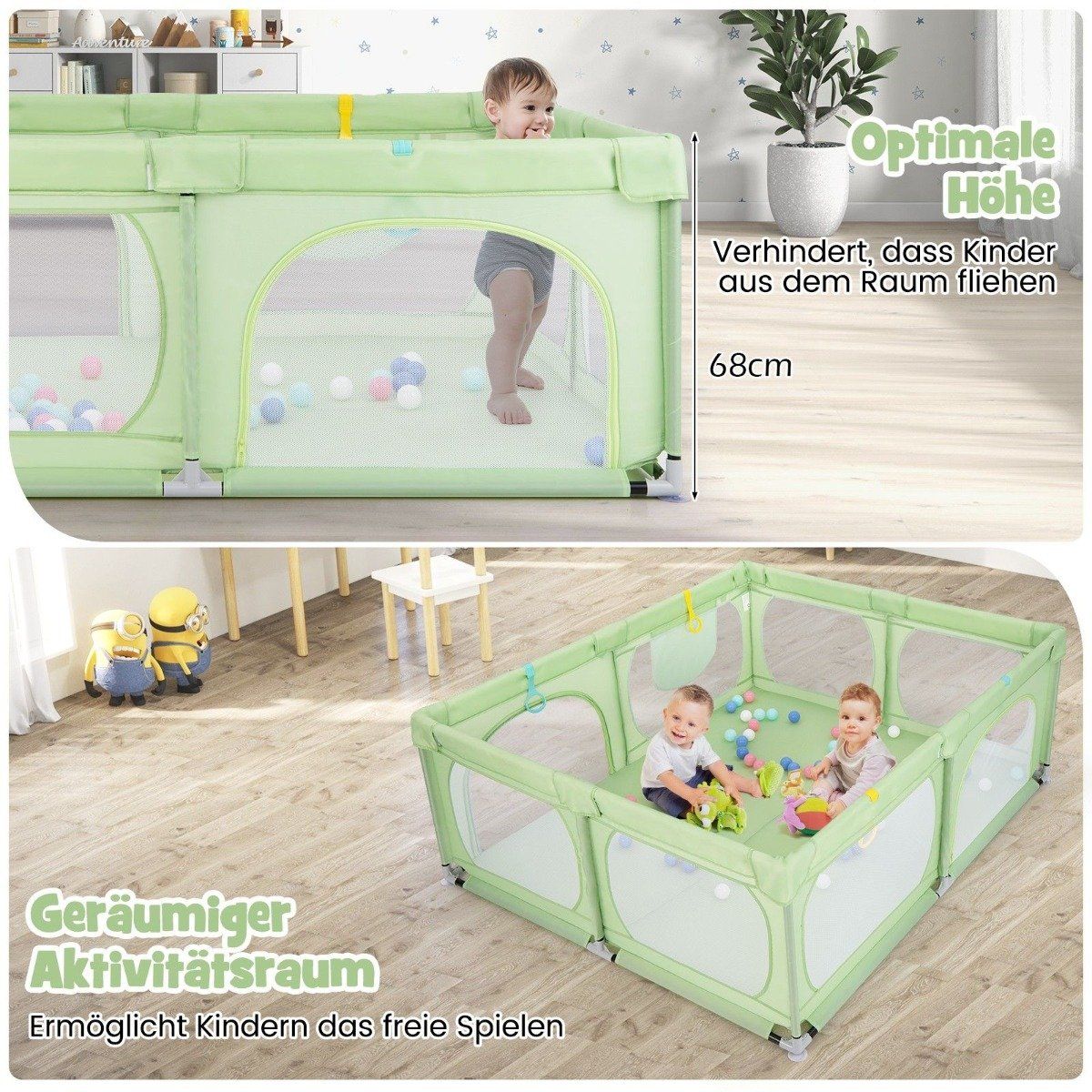 Baby Playpen with 4 Pull Rings & 50 Ocean Balls & Breathable Mesh & Carry Bag Green