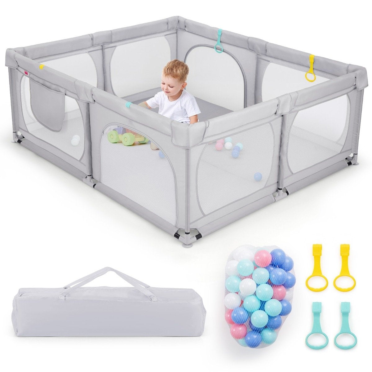 Baby Playpen with 4 Pull Rings & 50 Ocean Balls & Breathable Mesh & Carry Bag Light Gray