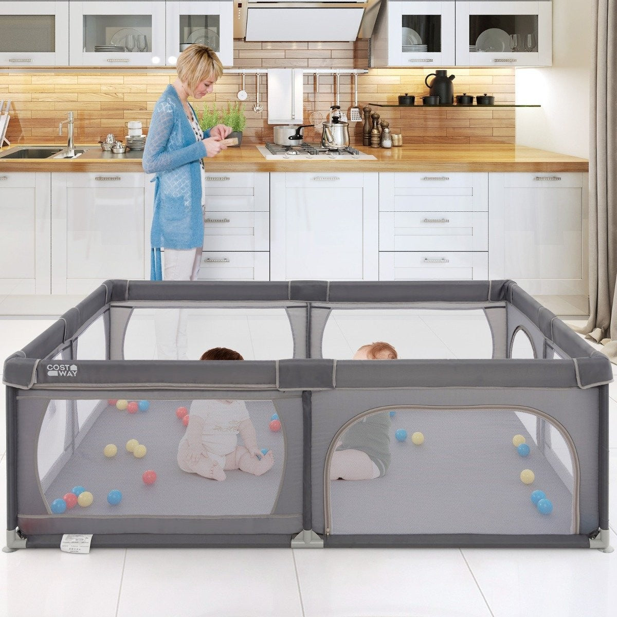Baby Playpen with 50 Balls, 2 Doors, Breathable Mesh
