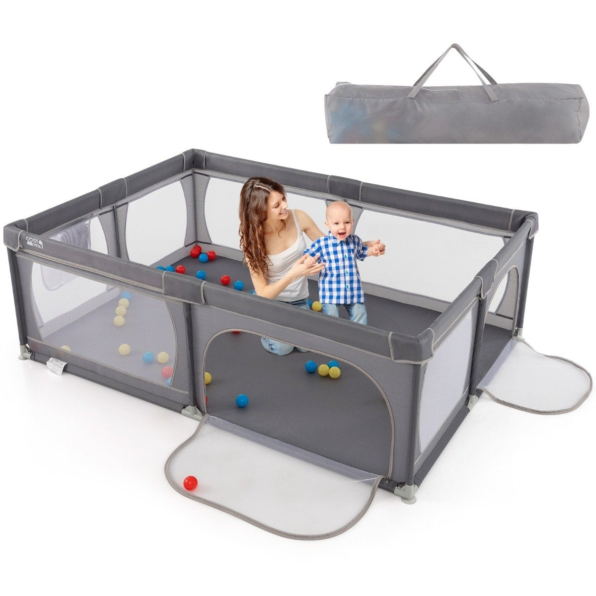 Baby Playpen with 50 Balls, 2 Doors, Breathable Mesh