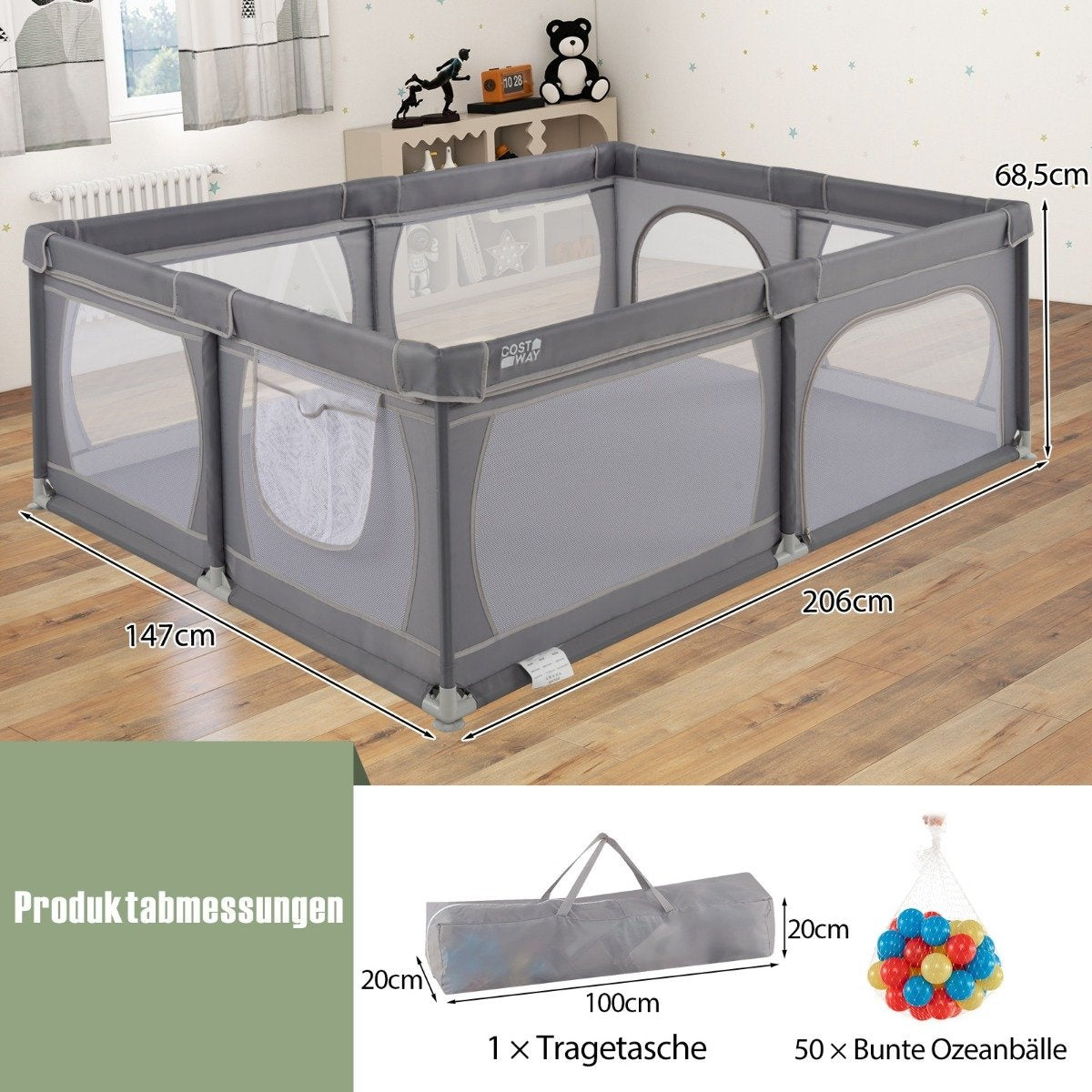 Baby Playpen with 50 Balls, 2 Doors, Breathable Mesh