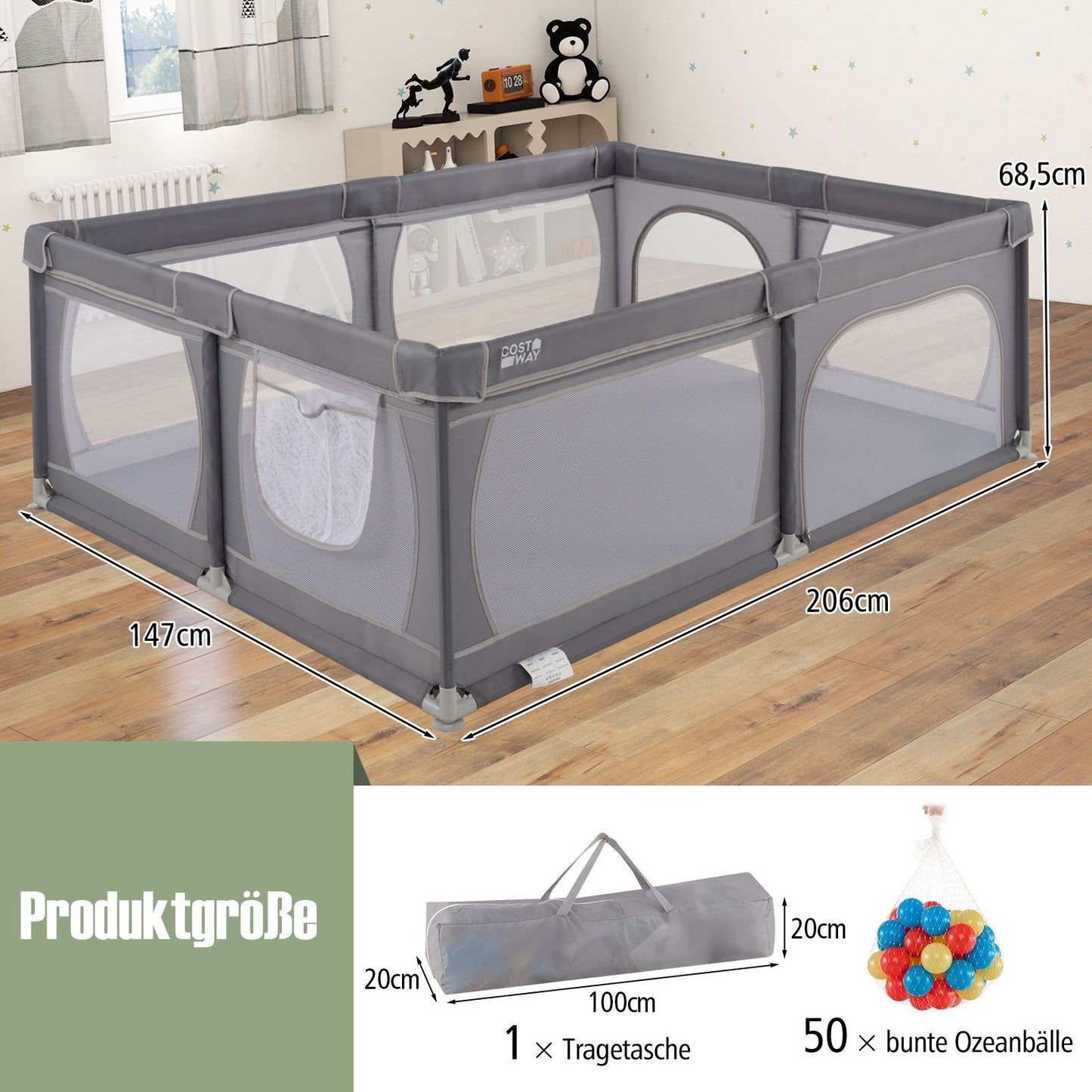 Baby Playpen with 50 Balls & 2 Doors, Breathable Mesh