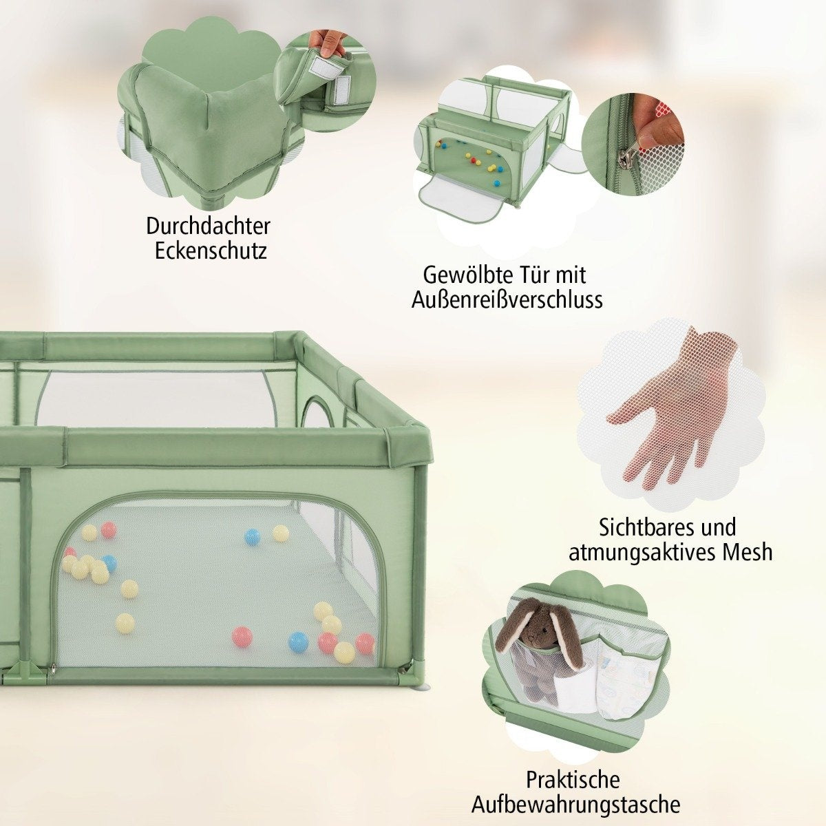Baby Playpen with 50 Balls & 2 Doors & Breathable Net & Zipper Green