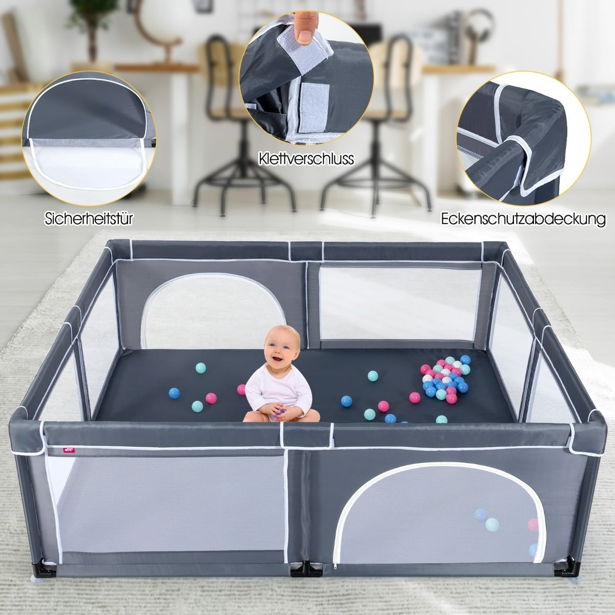 Baby Playpen with 50 Balls, Zipper Door, Dark Gray