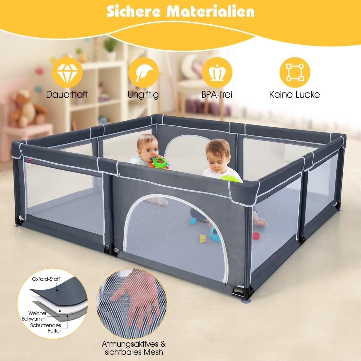 Baby Playpen with 50 Balls, Zipper Door, Dark Gray