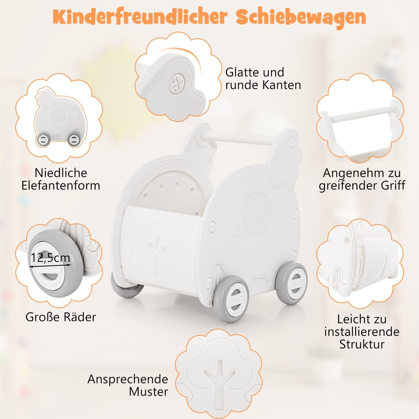 Baby Push Walker 4-Wheel Elephant Shape, White, HDPE