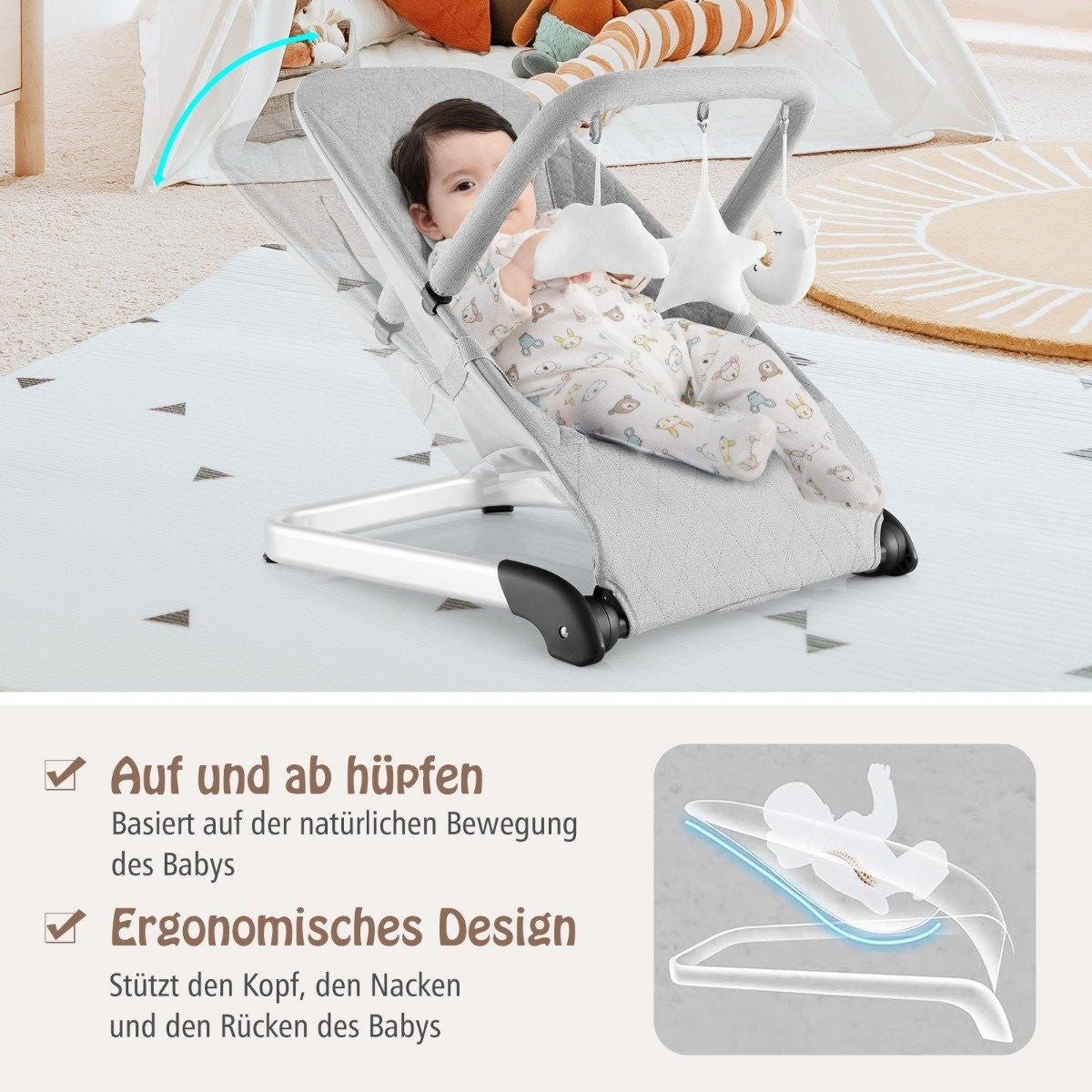 Baby Rocker Foldable Baby Swing with 5 Point Safety Belt Portable Rocker Seat Gray
