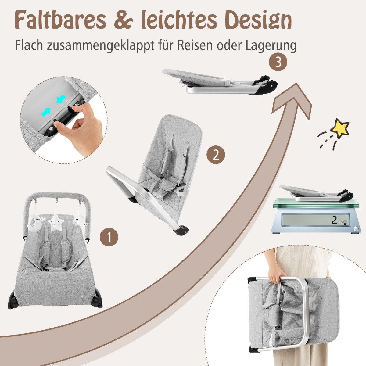 Baby Rocker Foldable Baby Swing with 5 Point Safety Belt Portable Rocker Seat Gray