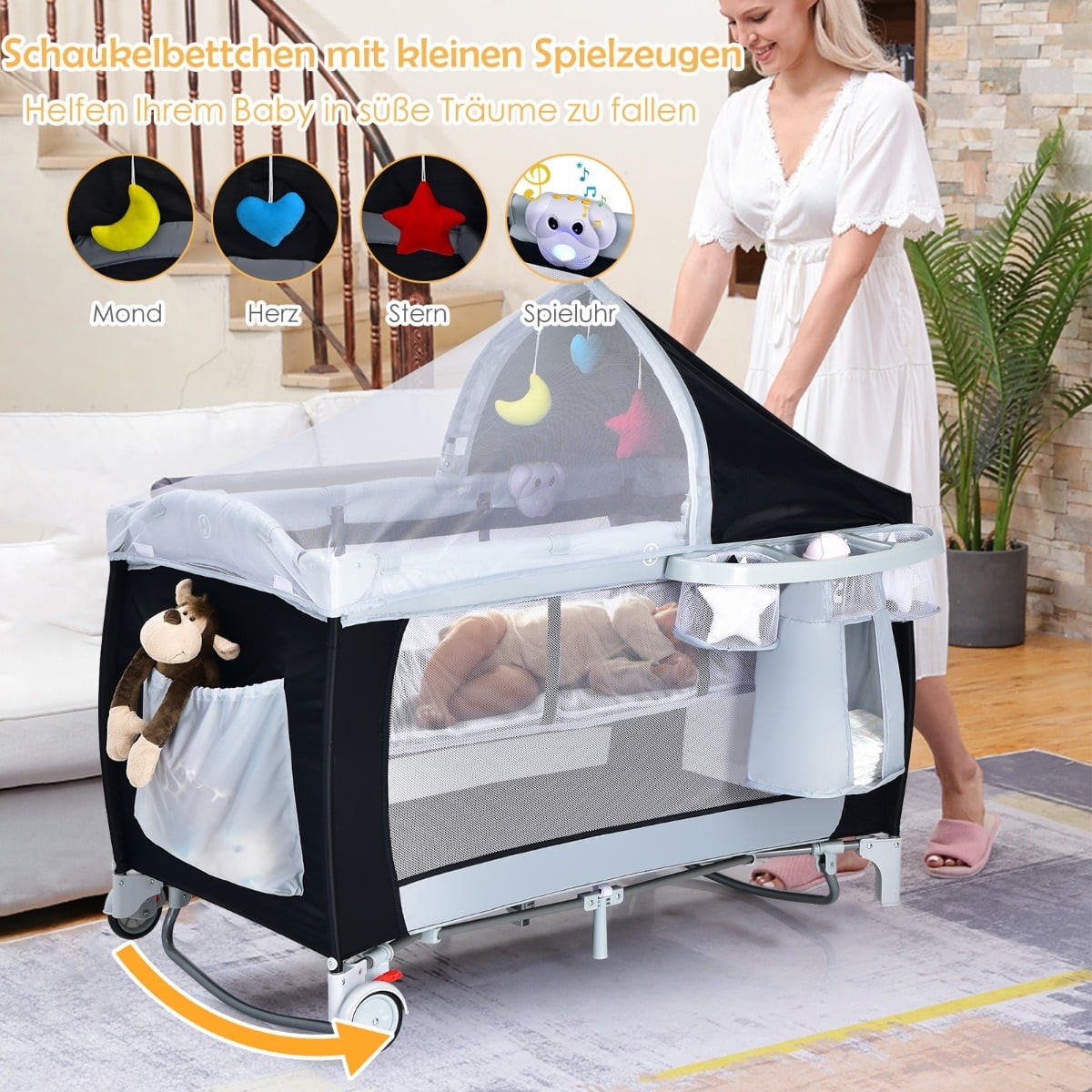 Baby Travel Cot with Bassinet, Playpen, and Rocking Function