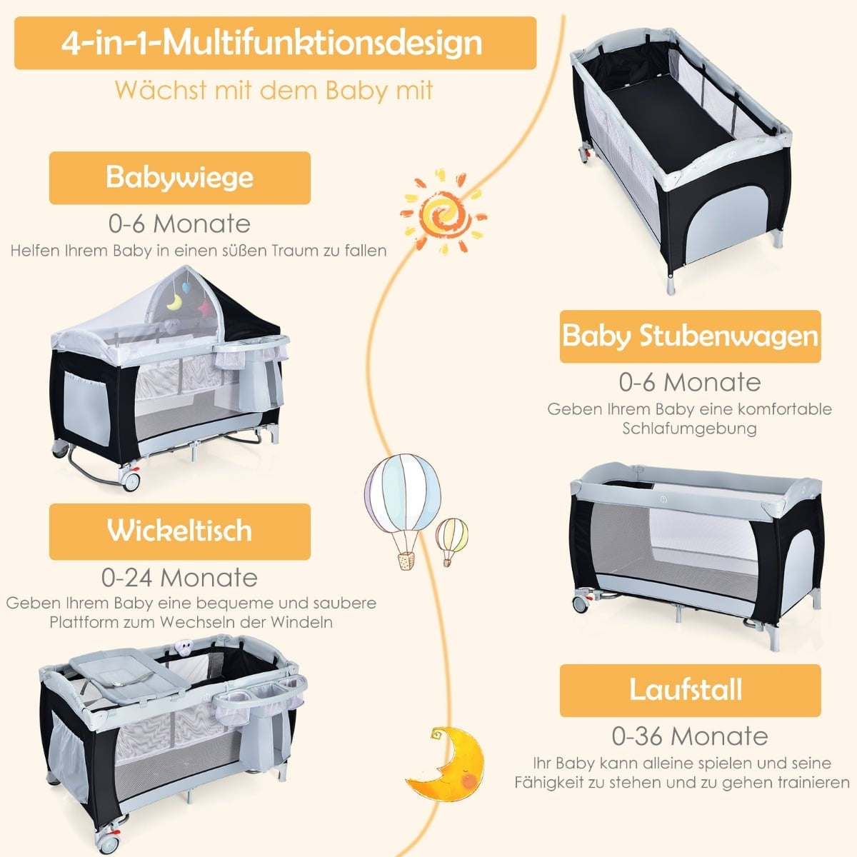 Baby Travel Cot with Bassinet, Playpen, and Rocking Function