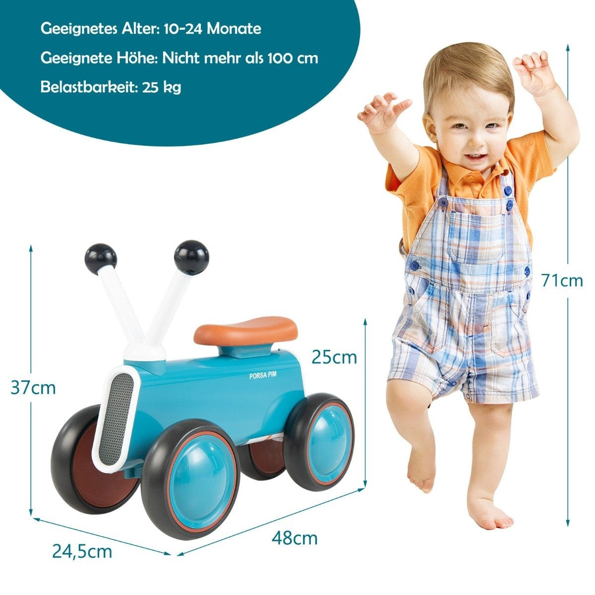 Baby balance bike for children, safe ride toy, walking aid, 48 x 24.5 x 37 cm, blue