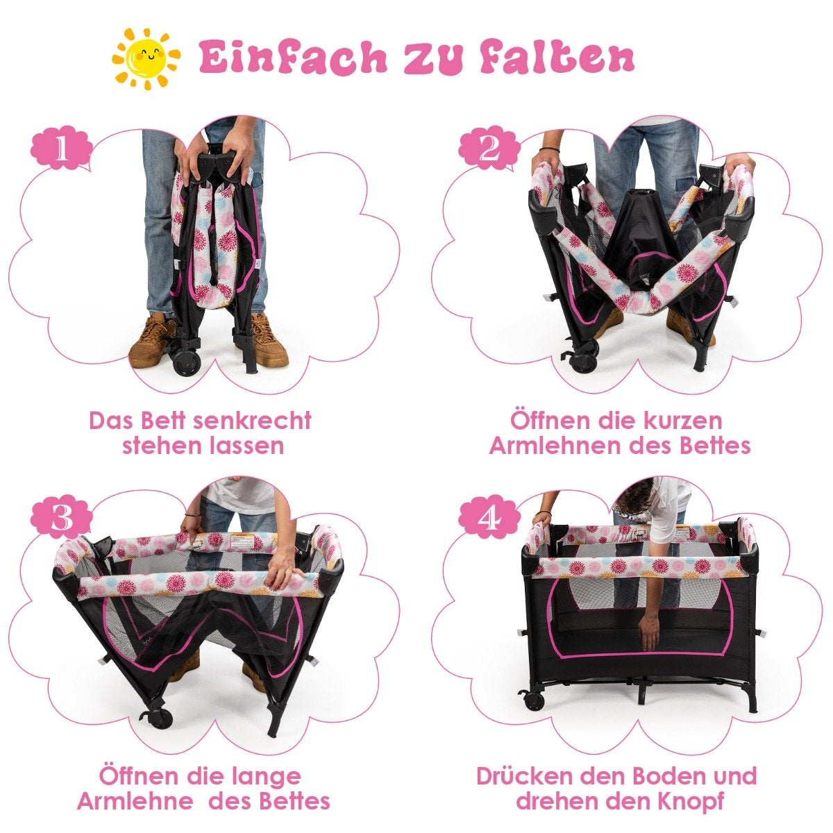 Baby bed 4 in 1 folding travel bed & side bed & changing table & playpen black + pink