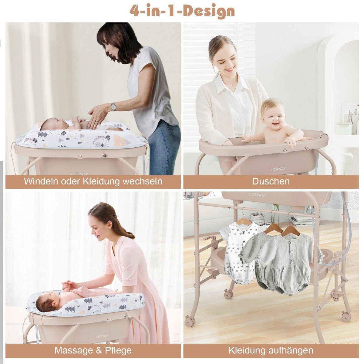 Baby changing table with bathtub Portable changing table with PVC cushion 86 x 50 x 100 cm beige