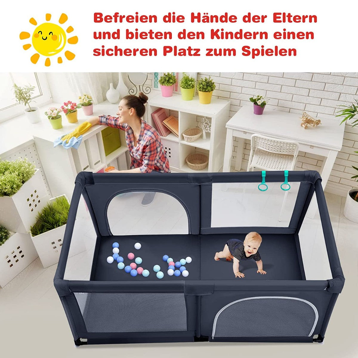 Baby playpen with 50 play balls playpen with net and zipper 120 x 190 cm dark gray