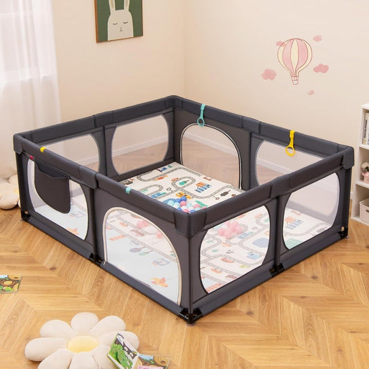 Baby playpen with mattress & 50 play balls & 4 pull rings & 4 zipper doors dark grey
