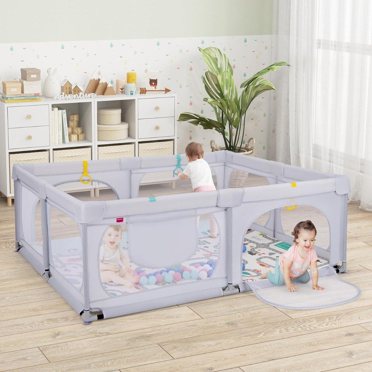 Baby playpen with mattress & 50 play balls & 4 pull rings & 4 zipper doors light grey