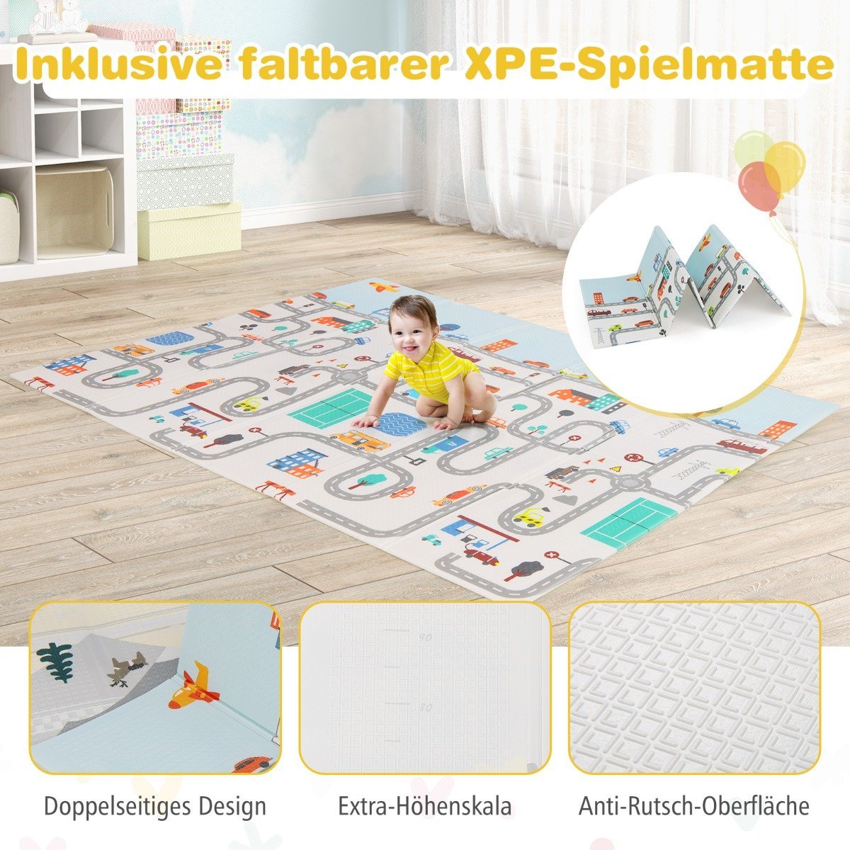 Baby playpen with mattress & 50 play balls & 4 pull rings & 4 zipper doors light grey