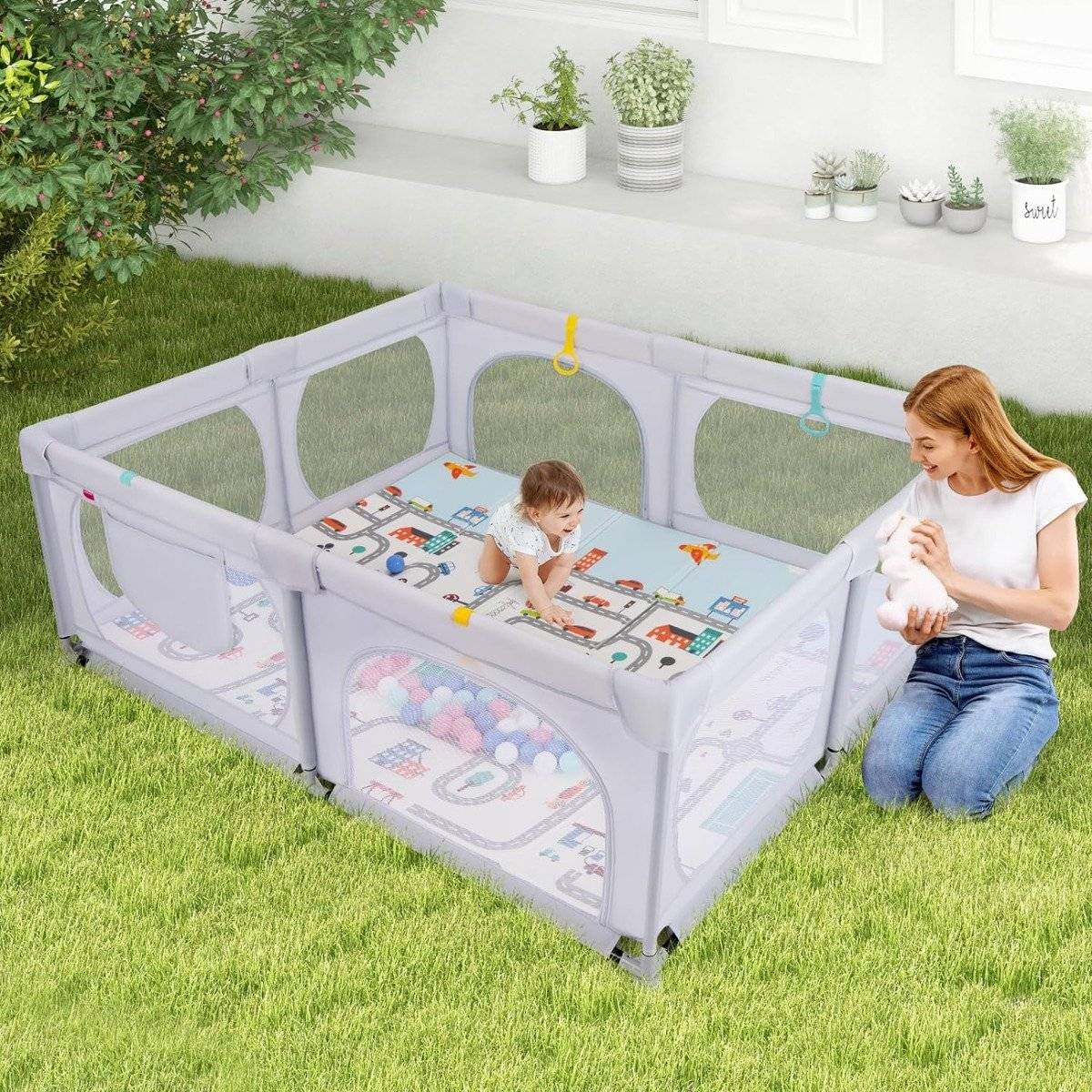 Baby playpen with mattress & 50 play balls & 4 pull rings & 4 zipper doors light grey
