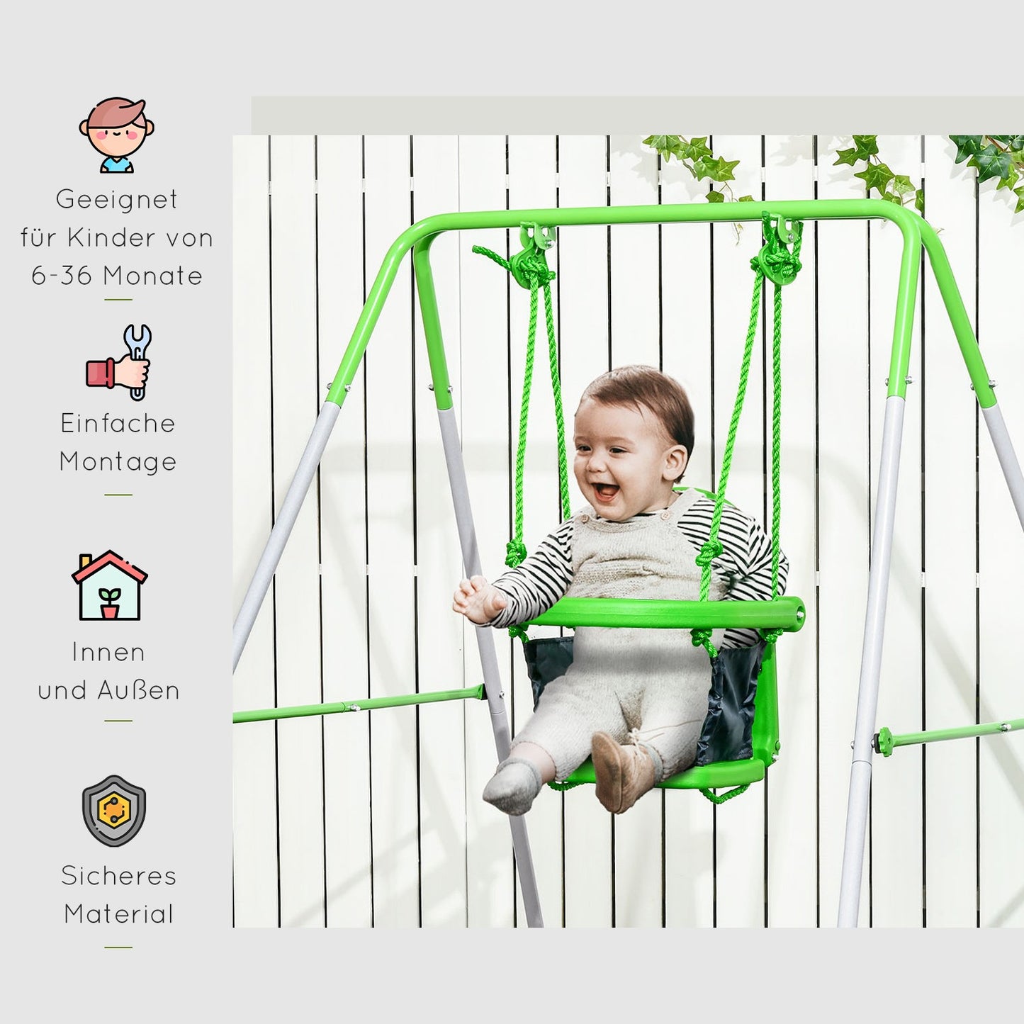 Garden swing for toddlers with safety bar and belt, green, 6-36 months