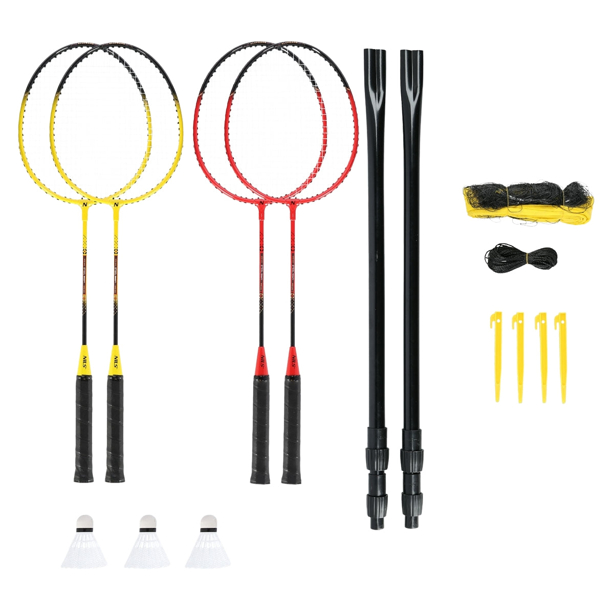 Badminton Set – 4 Rackets, 3 Feather Shuttlecocks, Net