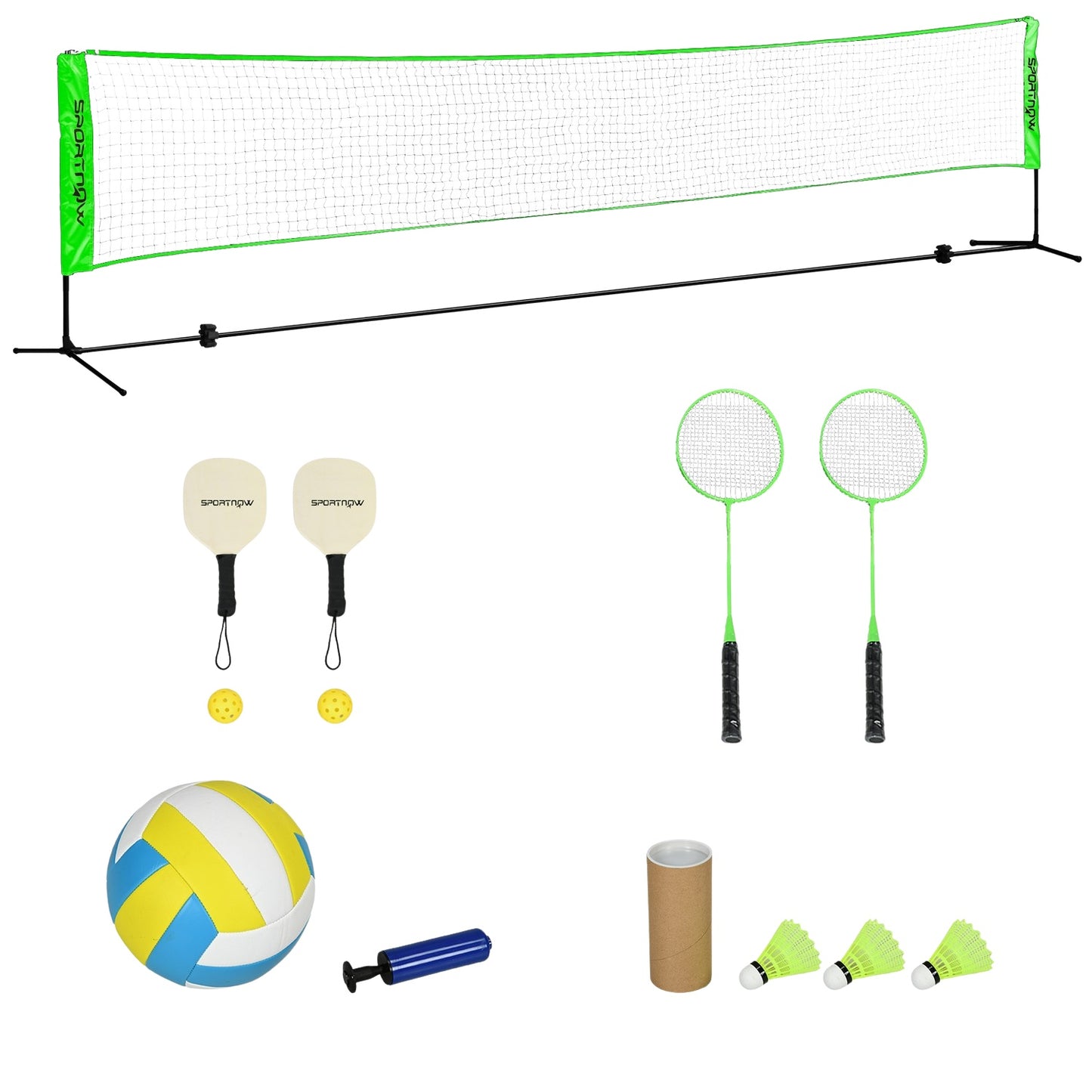 Badminton and volleyball set with net, shuttlecocks, 4 rackets