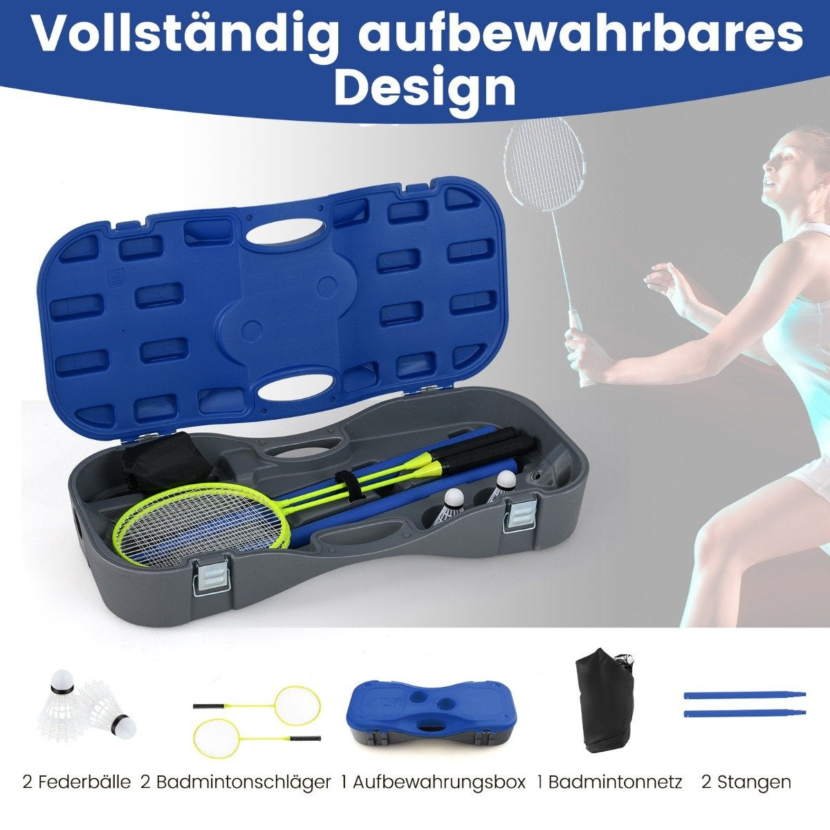 Badminton net stand portable shuttlecock game with rackets complete badminton set blue