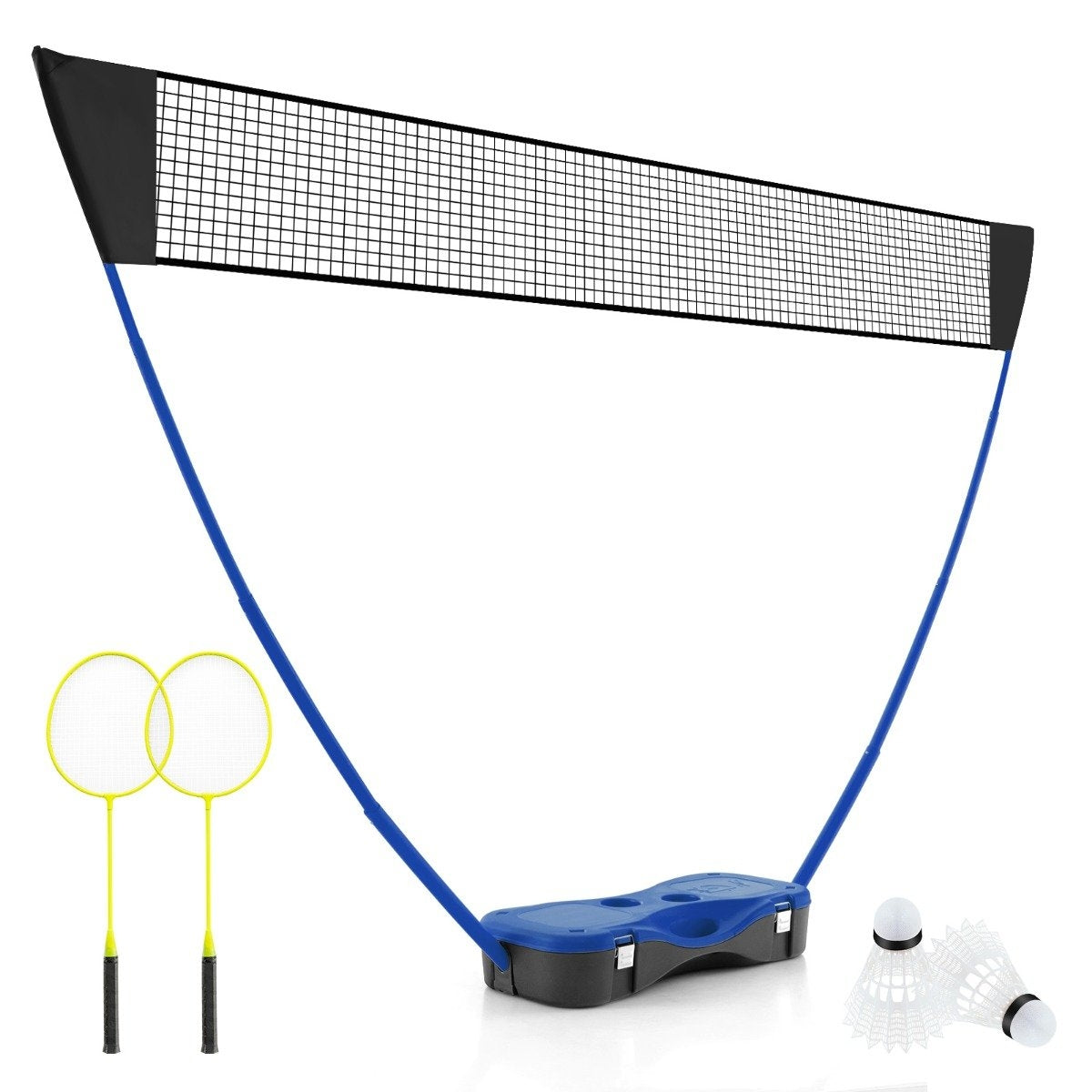 Badminton net stand portable shuttlecock game with rackets complete badminton set blue