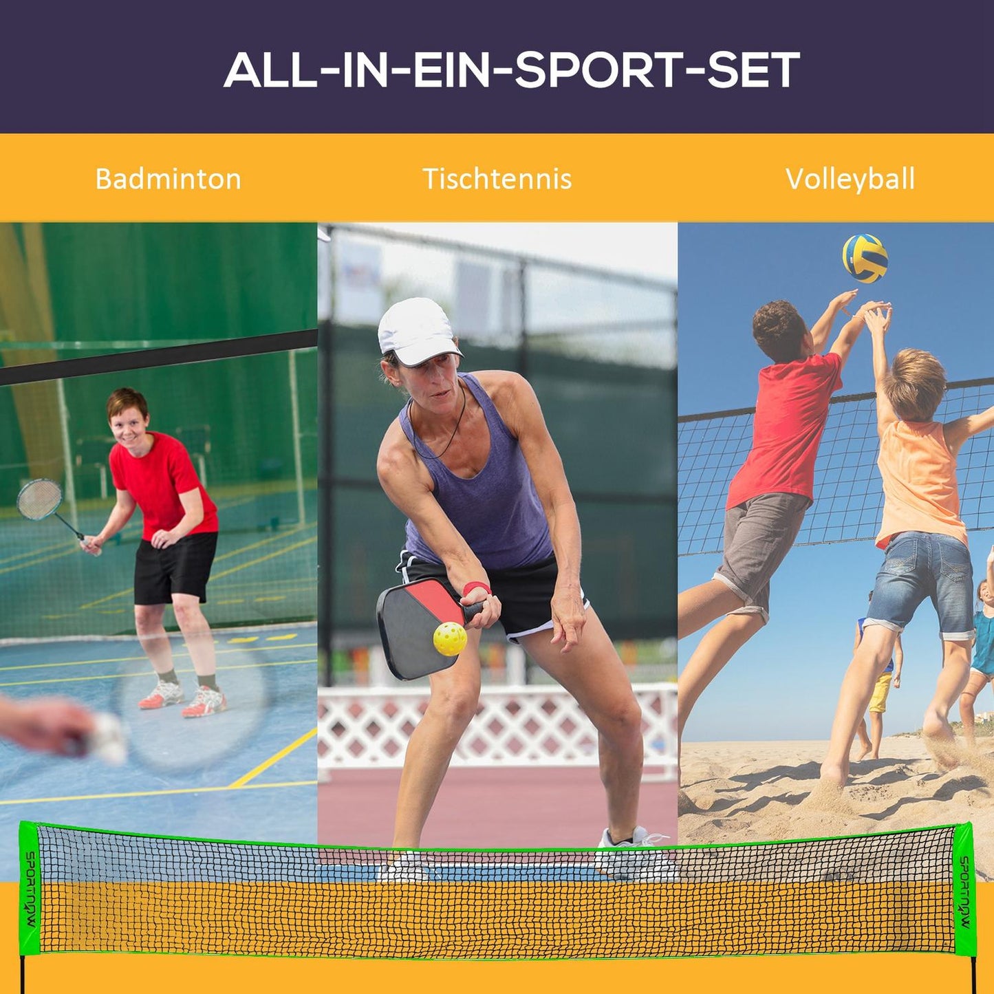 Badminton and volleyball set with net, shuttlecocks, 4 rackets