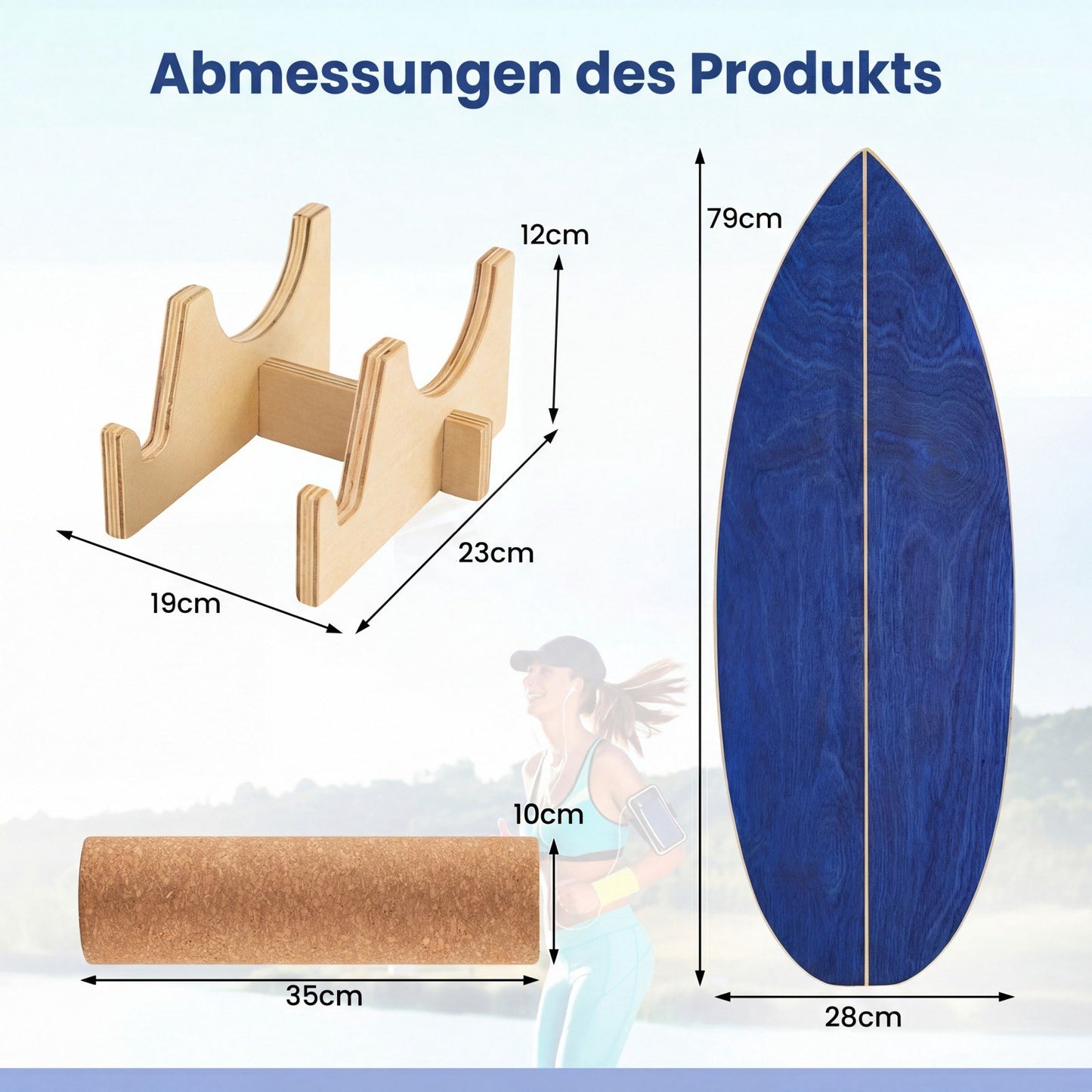 Balance Board Set with Cork Roller, Birch Wood, Blue