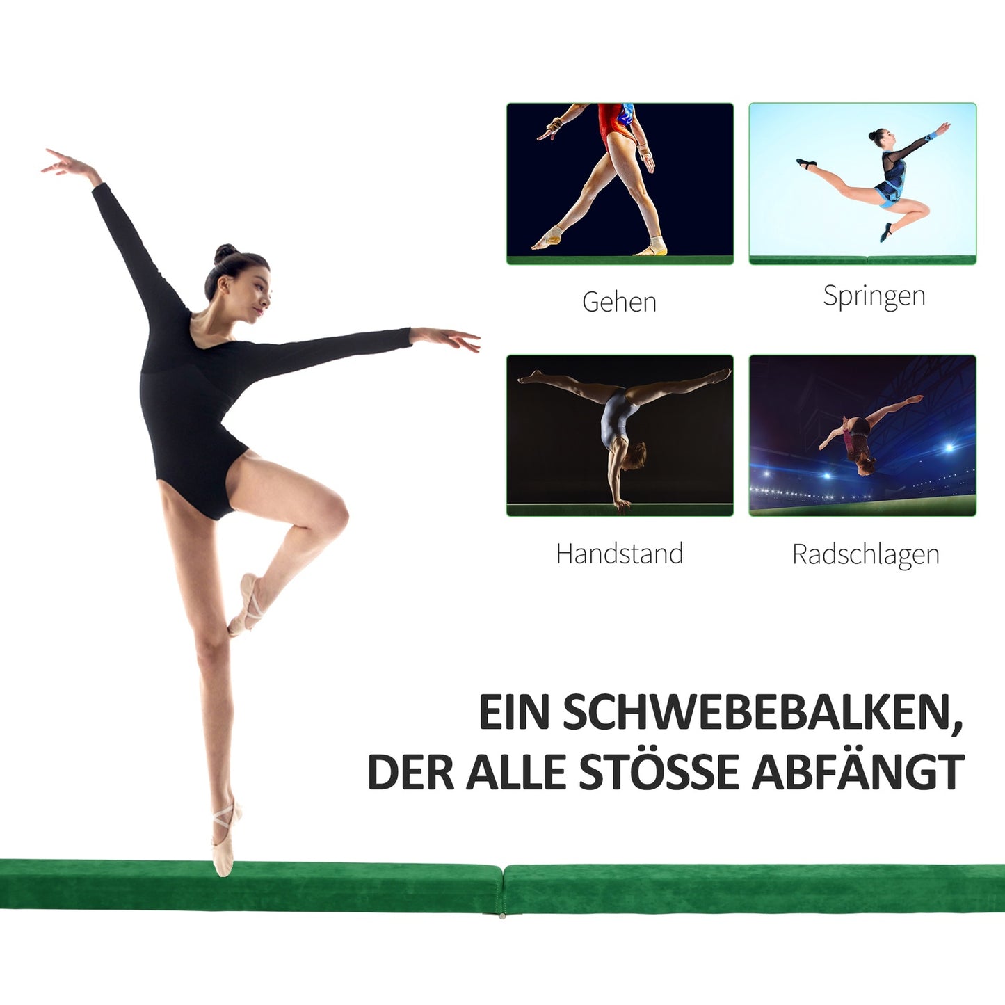 Balance beam 210 cm, foldable & stable, green, indoor/outdoor