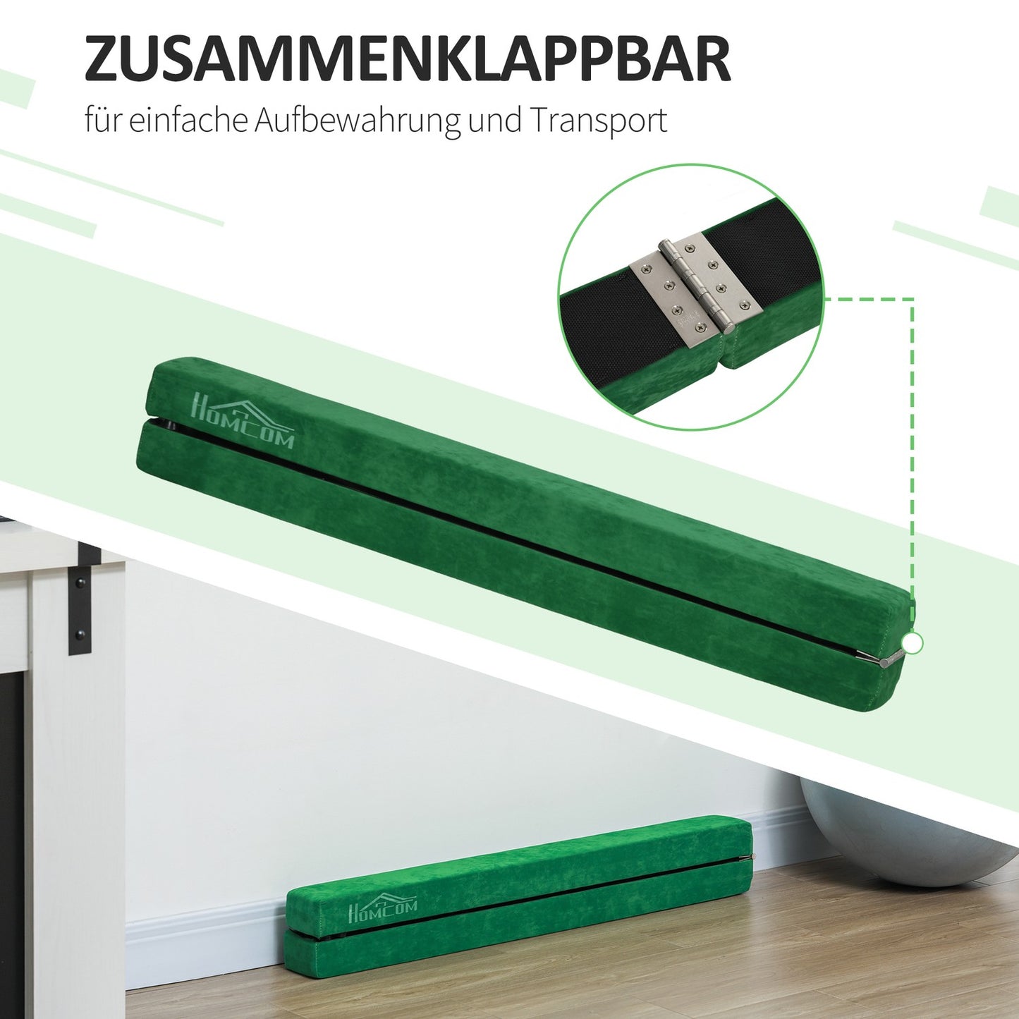 Balance beam 210 cm, foldable & stable, green, indoor/outdoor