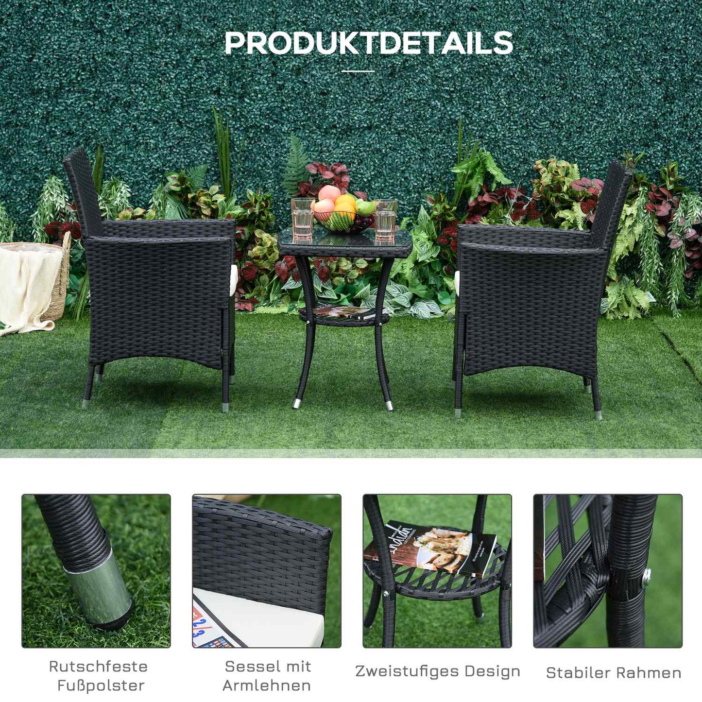 Polyrattan garden balcony seat for 2, black