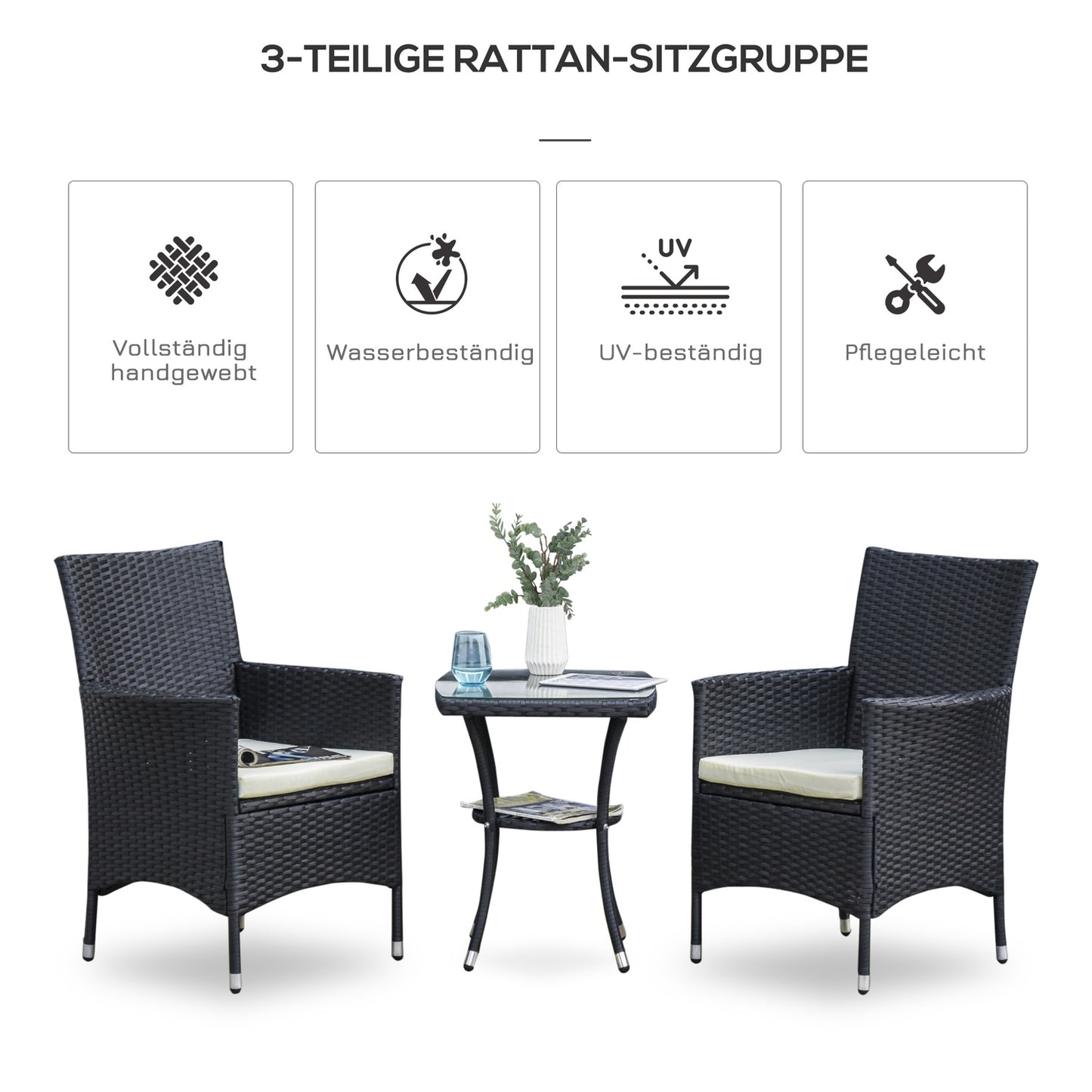 Polyrattan garden balcony seat for 2, black