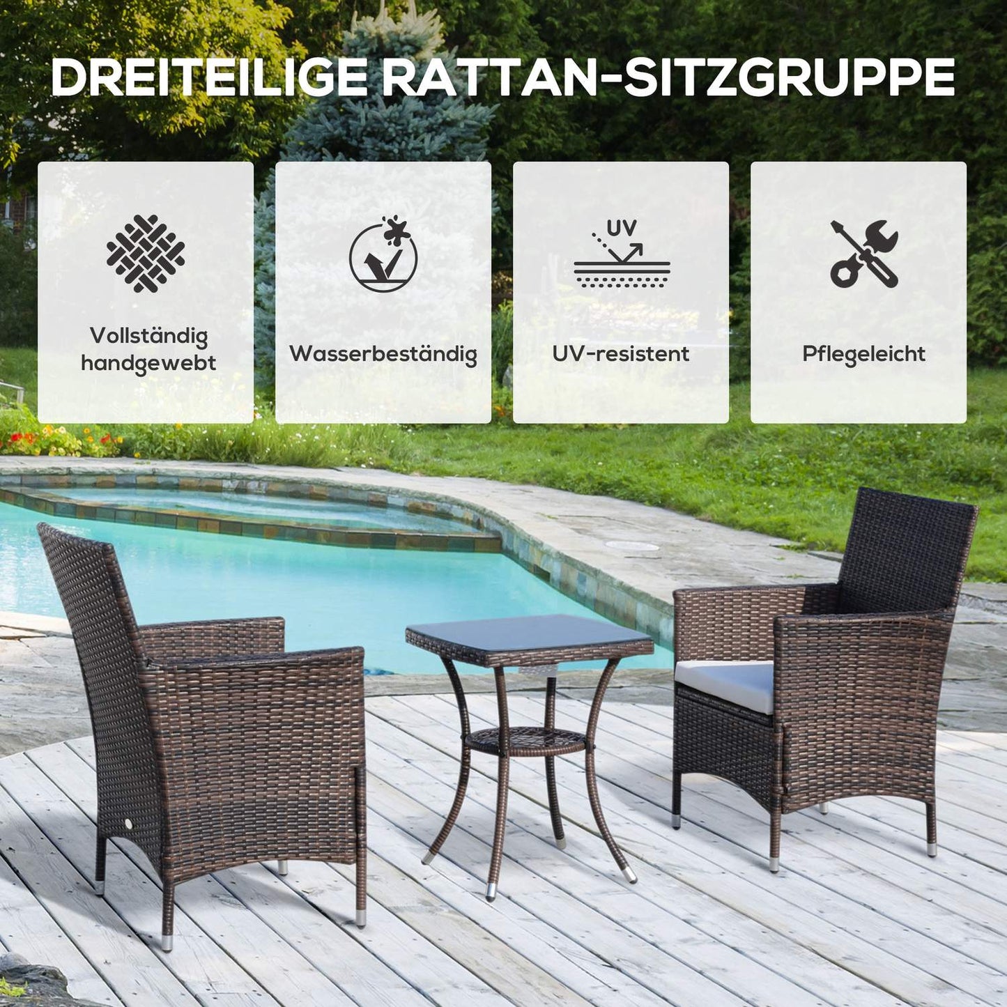 Folding rattan bistro set with cushions, brown 60x58.5x89.5 cm