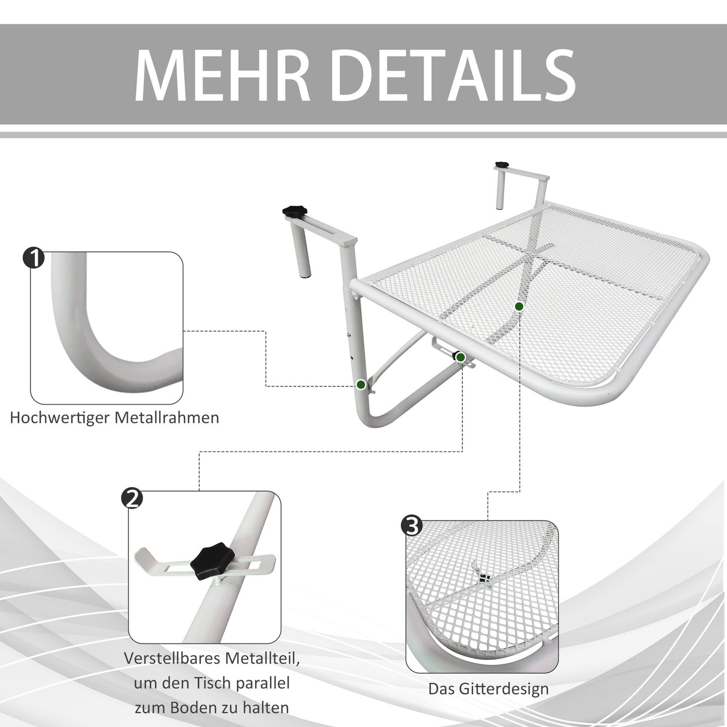 Height-adjustable White metal Balcony hanging table