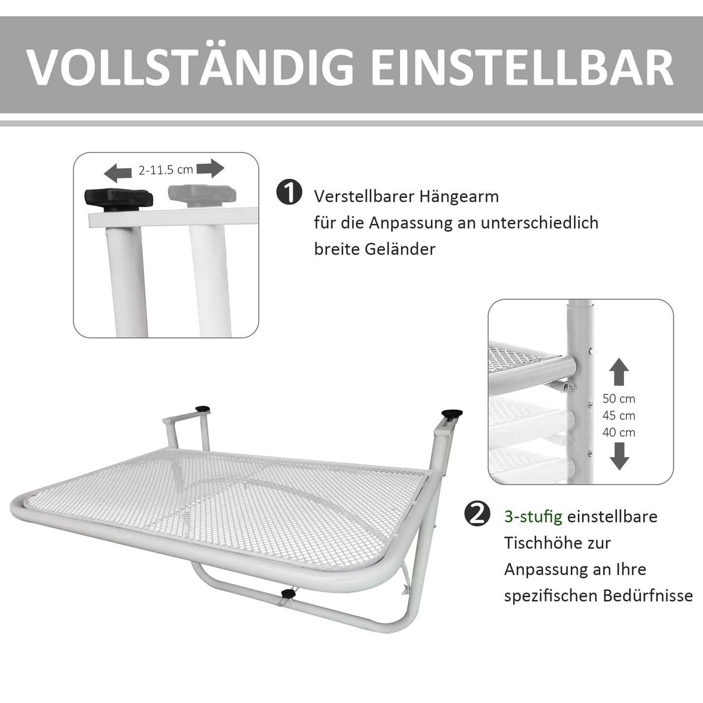 Height-adjustable White metal Balcony hanging table