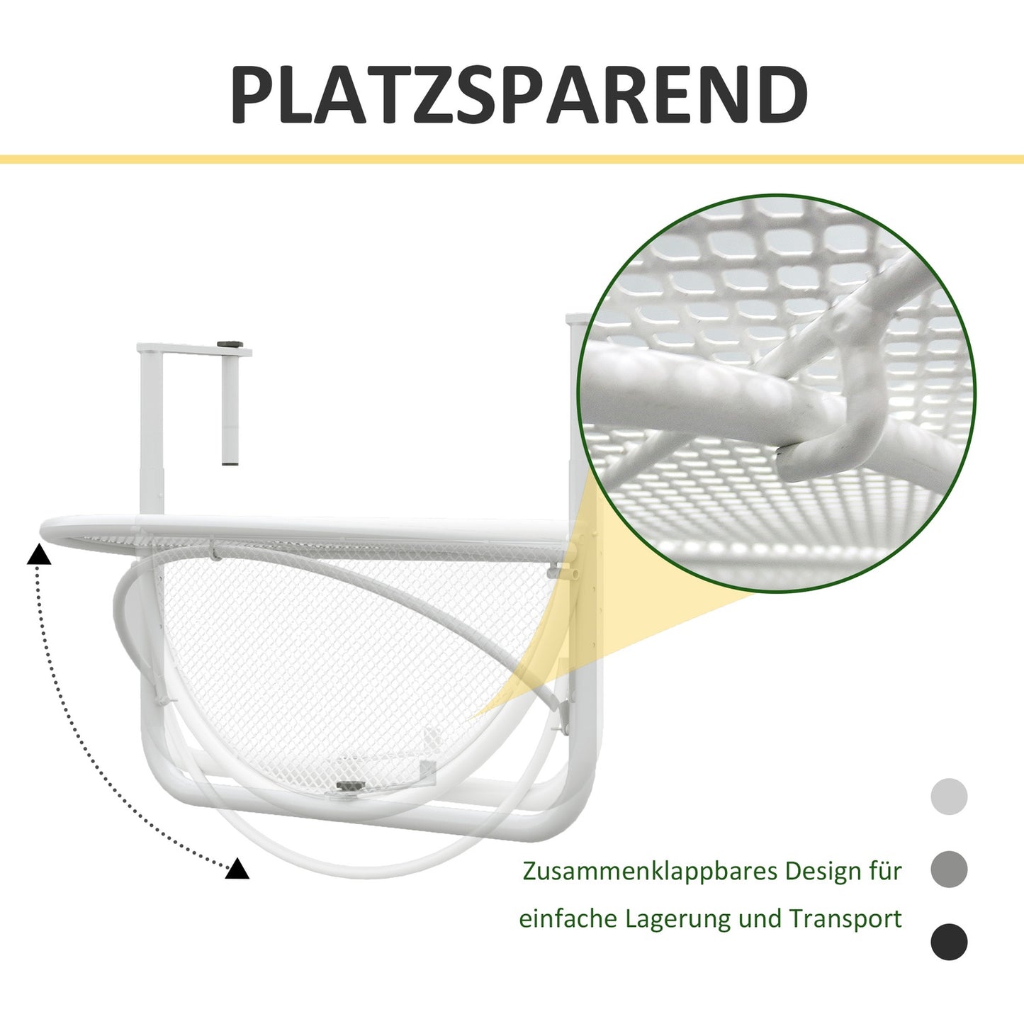 Hanging balcony table - adjustable metal, semi-circular, white