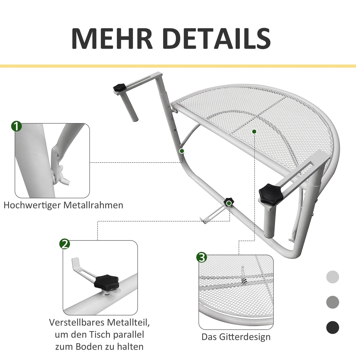 Hanging balcony table - adjustable metal, semi-circular, white