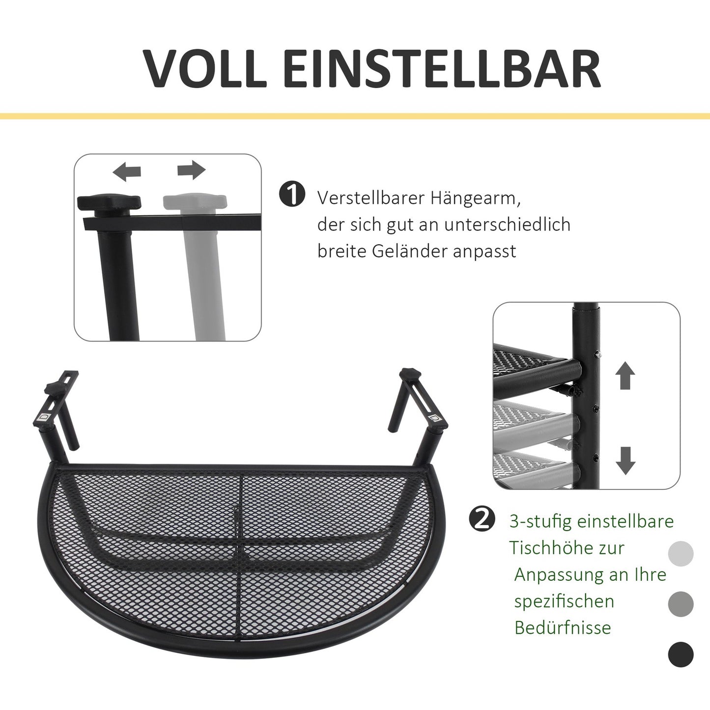 Half-round metal balcony table, height adjustable Ø30Cm